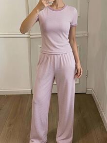 DAZY Women's Contrast Trim Striped Short Sleeve Top And Long Pants Casual Daily Homewear Set - Pink - View 3