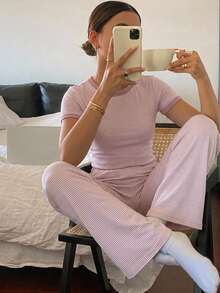 DAZY Women's Contrast Trim Striped Short Sleeve Top And Long Pants Casual Daily Homewear Set - Pink - View 1