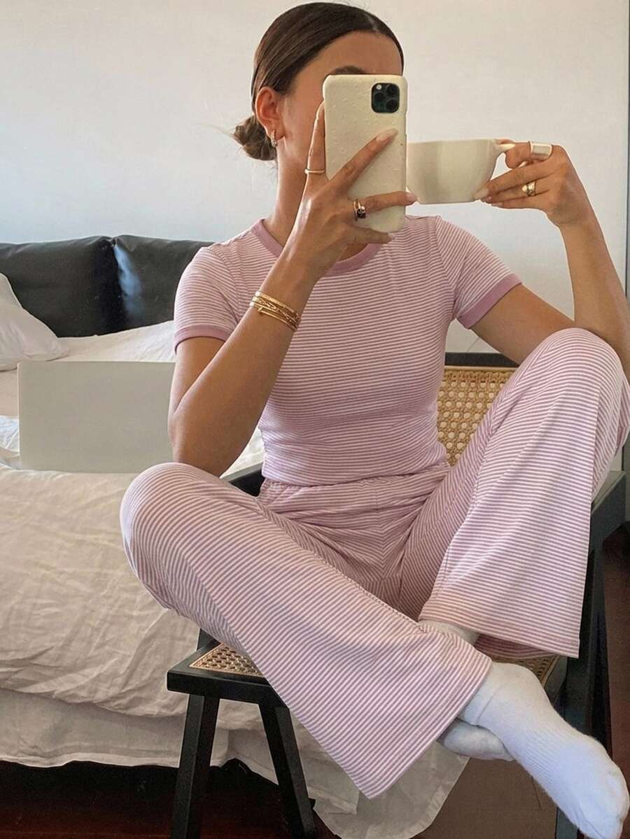 DAZY Women's Contrast Trim Striped Short Sleeve Top And Long Pants Casual Daily Homewear Set - Pink - View 1