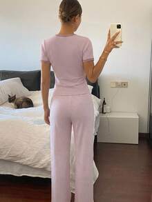 DAZY Women's Contrast Trim Striped Short Sleeve Top And Long Pants Casual Daily Homewear Set - Pink - View 2