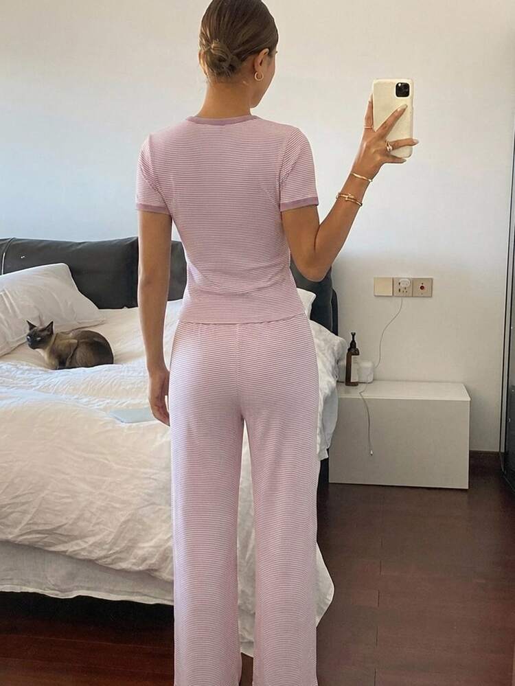 DAZY Women's Contrast Trim Striped Short Sleeve Top And Long Pants Casual Daily Homewear Set - Pink - View 2
