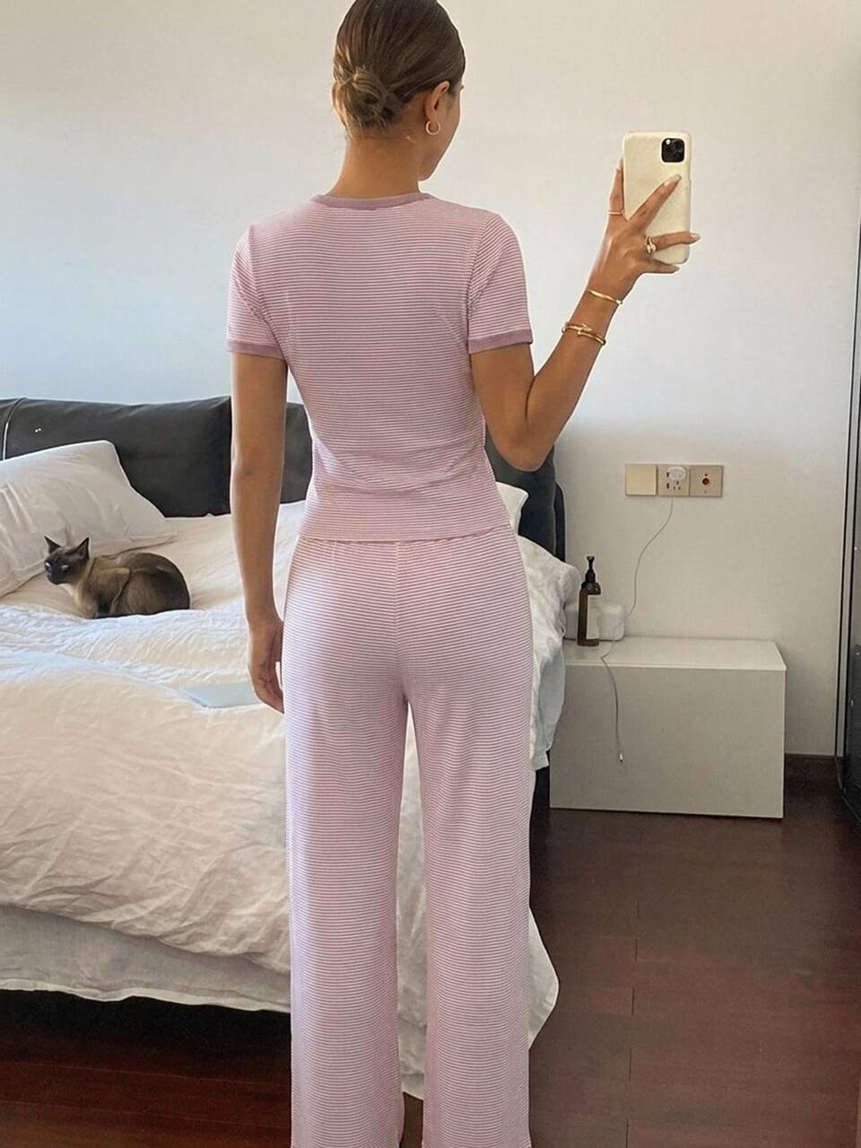 Women's Contrast Trim Striped Short Sleeve Top And Long Pants Casual Daily Homewear Set