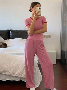 DAZY 2pcs/Set Slim Fit Striped Short Sleeve T-Shirt & Straight Leg Long Pajama Pants, Women's Summer Home Wear Outfit - Red - View 4