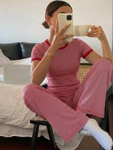 DAZY 2pcs/Set Slim Fit Striped Short Sleeve T-Shirt & Straight Leg Long Pajama Pants, Women's Summer Home Wear Outfit - Red - View 1
