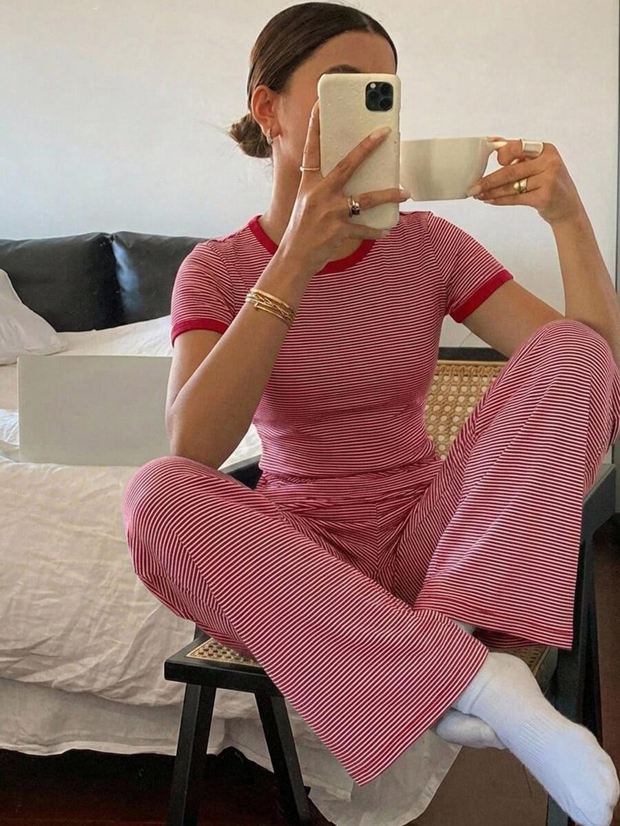 DAZY 2pcs/Set Slim Fit Striped Short Sleeve T-Shirt & Straight Leg Long Pajama Pants, Women's Summer Home Wear Outfit - Red - View 1