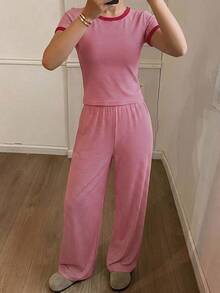 DAZY 2pcs/Set Slim Fit Striped Short Sleeve T-Shirt & Straight Leg Long Pajama Pants, Women's Summer Home Wear Outfit - Red - View 5