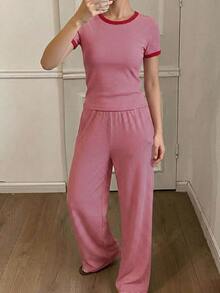 DAZY 2pcs/Set Slim Fit Striped Short Sleeve T-Shirt & Straight Leg Long Pajama Pants, Women's Summer Home Wear Outfit - Red - View 3