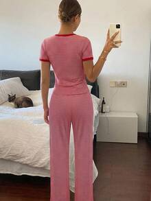 DAZY 2pcs/Set Slim Fit Striped Short Sleeve T-Shirt & Straight Leg Long Pajama Pants, Women's Summer Home Wear Outfit - Red - View 2