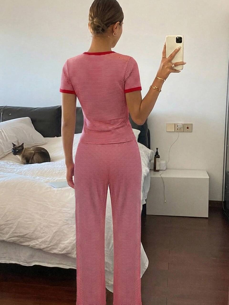 2pcs/Set Slim Fit Striped Short Sleeve T-Shirt & Straight Leg Long Pajama Pants, Women's Summer Home Wear Outfit