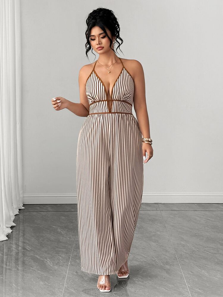 Elenzga Plus Size Women's Fashion Versatile Striped Color Block Bandeau Tie Strap Jumpsuit - Multicolor - View 8