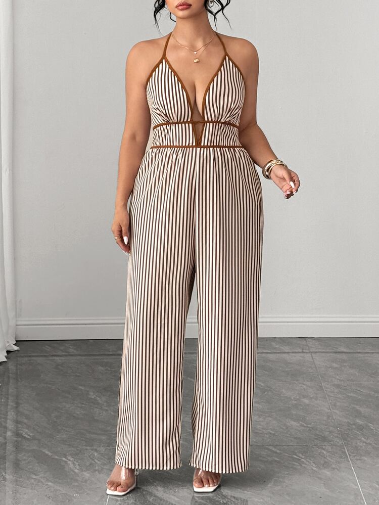 Elenzga Plus Size Women's Fashion Versatile Striped Color Block Bandeau Tie Strap Jumpsuit - Multicolor - View 7