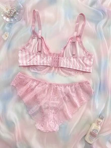 Nora Wilde Plus Size Hot Pink Girl Series Lace Patchwork Satin Underwire Bra Panty Set 2pcs Summer Sexy - Pink - View 5