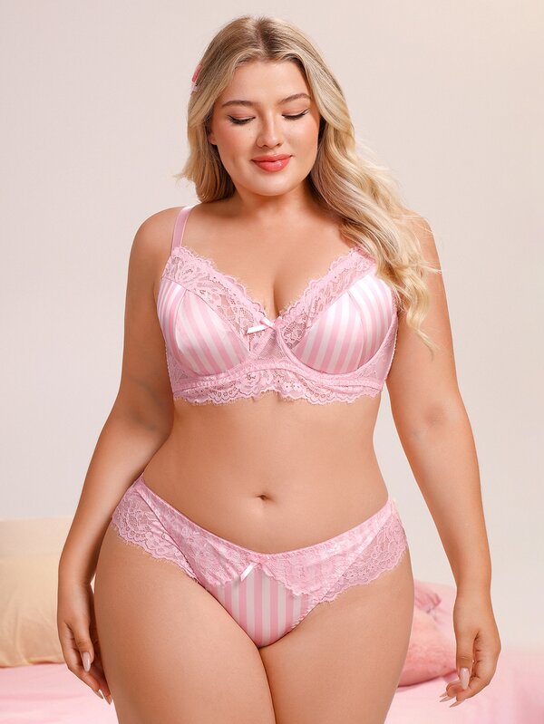 Nora Wilde Plus Size Colorful Girl Series Lace Patchwork Satin Underwire Bra & Panty Set 2pcs