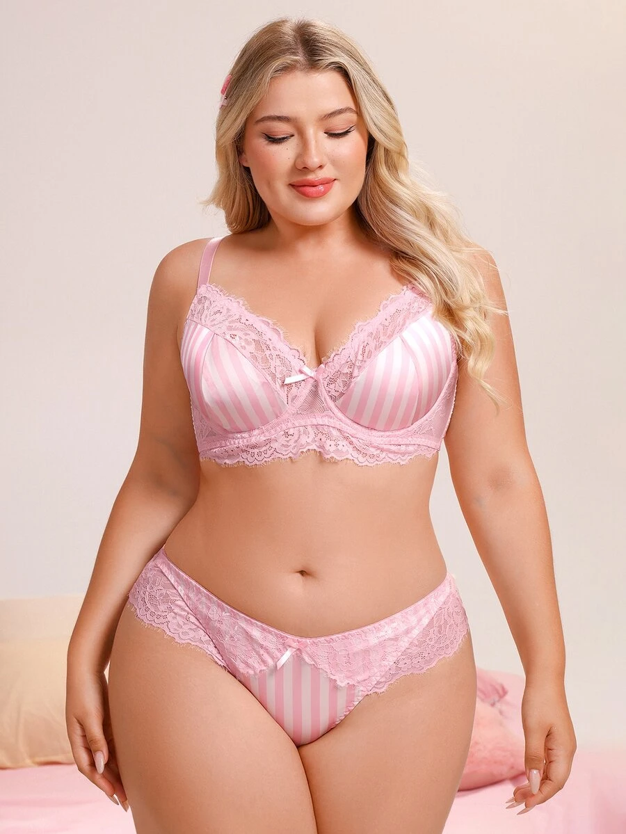 Nora Wilde Plus Size Hot Pink Girl Series Lace Patchwork Satin Underwire Bra Panty Set 2pcs Summer Sexy - Pink - View 1