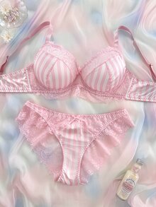 Nora Wilde Plus Size Hot Pink Girl Series Lace Patchwork Satin Underwire Bra Panty Set 2pcs Summer Sexy - Pink - View 4