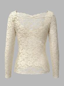 Cévolie Women's Elegant Solid Color Lace Fitted Top - Apricot - View 2