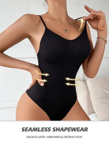 SHEIN Body Moldeador Sin Costuras De Color Liso Para Mujer Con Correas Ajustables - Negro - Ver 3