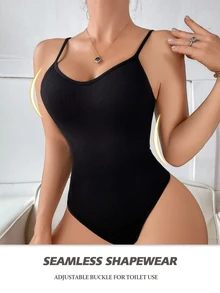SHEIN Body Moldeador Sin Costuras De Color Liso Para Mujer Con Correas Ajustables - Negro - Ver 4