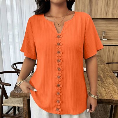 Weeklong Plus Size Women's Floral Patchwork Ruffle Trim Loose Short Sleeve Blou…