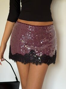 Aloruh 女款優雅亮片刺繡蕾絲拼接迷你裙 - 酒紅色 - 查看 4