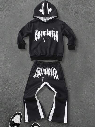 SHEIN 2pcs/Set Young Boy Fashion Street Casual Sports Style Black Hooded Top & Pants With English Print,4-7Y Kids Back-To-School Autumn School Outfits