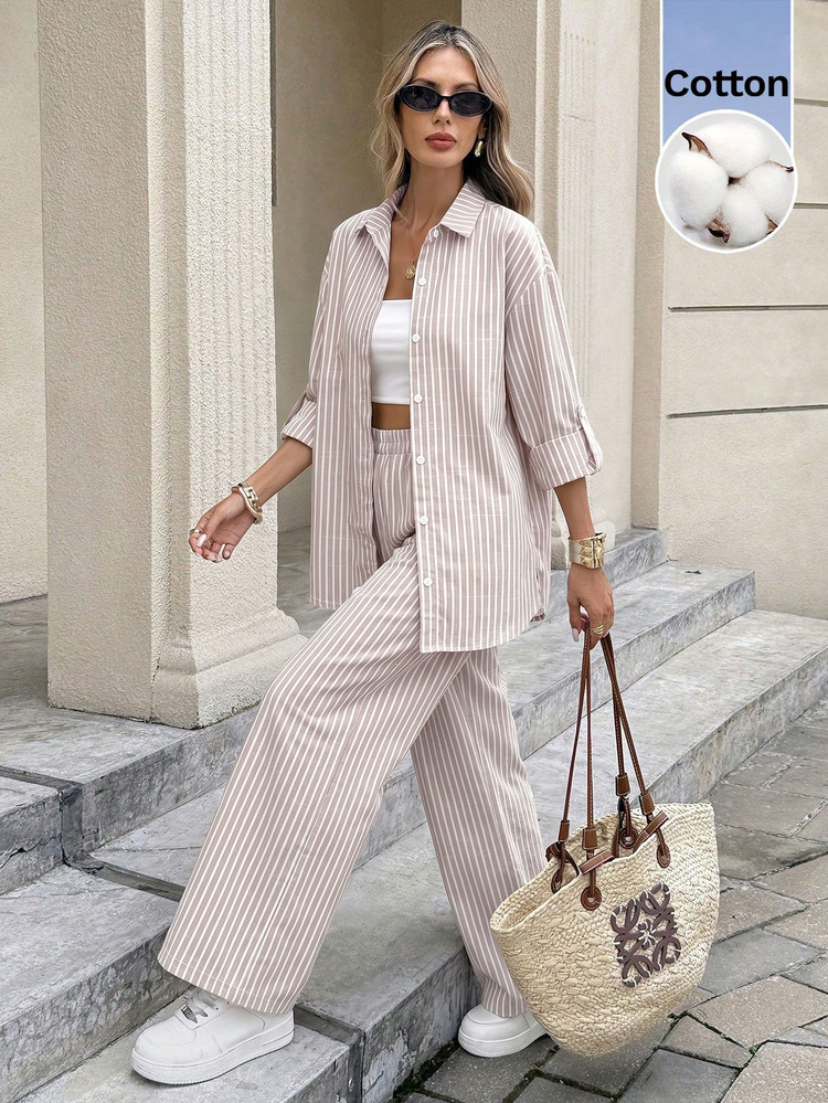 Serisse Women's Casual Commute Striped Single-Breasted Shirt And Pants Set - Apricot - View 1