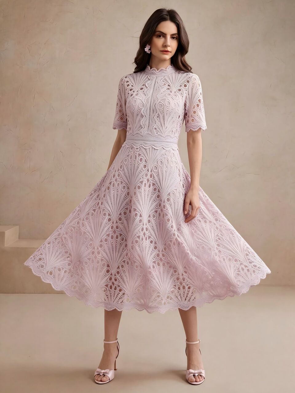 Anewsta Women's Elegant Vacation & Date New Vintage Palace Style Hollow Lace Ethereal Pink Short Sleeve Midi Dress, Spring/Summer