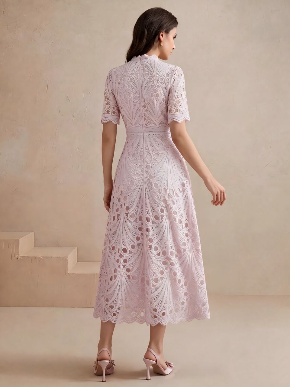 Anewsta Women's Elegant Vacation & Date New Vintage Palace Style Hollow Lace Ethereal Pink Short Sleeve Midi Dress, Spring/Summer