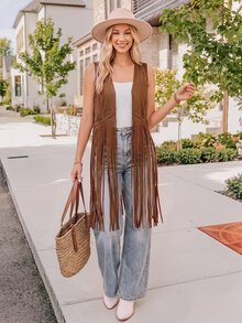 Coeurva Studded Detail Fringe Hem Vest Coat In Fall/Winter - Coffee Brown - View 8