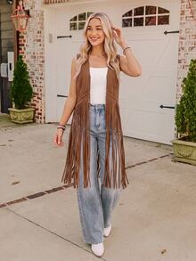 Coeurva Studded Detail Fringe Hem Vest Coat In Fall/Winter - Coffee Brown - View 4