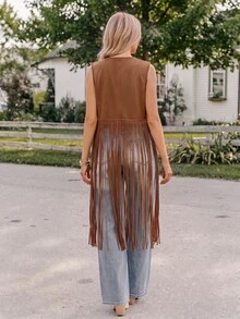 Coeurva Studded Detail Fringe Hem Vest Coat In Fall/Winter - Coffee Brown - View 2