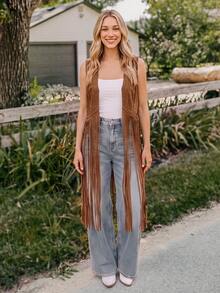 Coeurva Studded Detail Fringe Hem Vest Coat In Fall/Winter - Coffee Brown - View 6