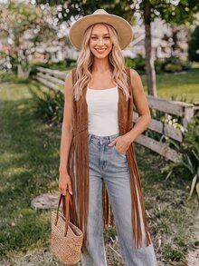 Coeurva Studded Detail Fringe Hem Vest Coat In Fall/Winter - Coffee Brown - View 3
