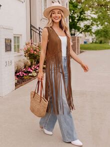 Coeurva Studded Detail Fringe Hem Vest Coat In Fall/Winter - Coffee Brown - View 5