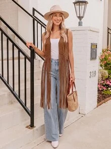 Coeurva Studded Detail Fringe Hem Vest Coat In Fall/Winter - Coffee Brown - View 7
