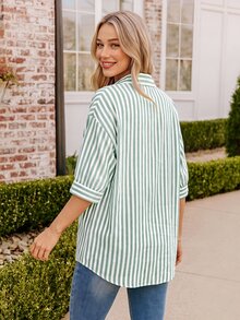 Coeurva Women's Drop Shoulder Striped Shirt Summer Vacation Winter Green Casual Christmas Spring Holiday Resort - Green - View 3