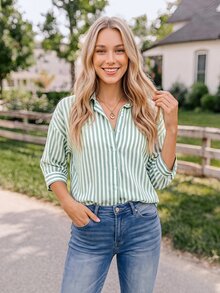 Coeurva Women's Drop Shoulder Striped Shirt Summer Vacation Winter Green Casual Christmas Spring Holiday Resort - Green - View 5