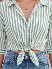 Coeurva Women's Drop Shoulder Striped Shirt Summer Vacation Winter Green Casual Christmas Spring Holiday Resort - Green - View 8