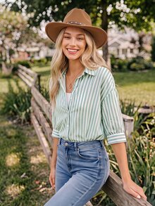 Coeurva Women's Drop Shoulder Striped Shirt Summer Vacation Winter Green Casual Christmas Spring Holiday Resort - Green - View 4
