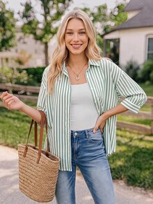Coeurva Women's Drop Shoulder Striped Shirt Summer Vacation Winter Green Casual Christmas Spring Holiday Resort - Green - View 7