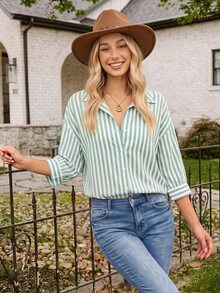 Coeurva Women's Drop Shoulder Striped Shirt Summer Vacation Winter Green Casual Christmas Spring Holiday Resort - Green - View 2