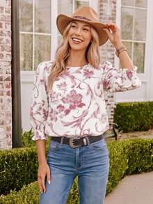 Coeurva Women's Round Neck Mid-Sleeve Loose Casual Shirt,Pink Top - Pink - View 3