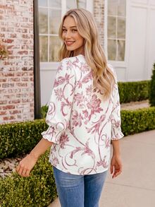 Coeurva Women's Round Neck Mid-Sleeve Loose Casual Shirt,Pink Top - Pink - View 2