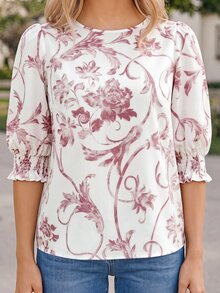 Coeurva Women's Round Neck Mid-Sleeve Loose Casual Shirt,Pink Top - Pink - View 4