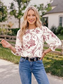 Coeurva Women's Round Neck Mid-Sleeve Loose Casual Shirt,Pink Top - Pink - View 5