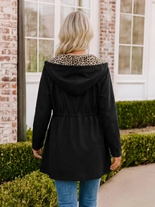 Coeurva 女式豹纹双面连帽夹克，秋季 - 黑色 - 查看 4