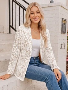 Coeurva 女款時尚通勤優雅仿蕾絲印花西裝外套 白色花卉 夏季度假 婚禮晚餐約會穿搭 - 白色 - 查看 6