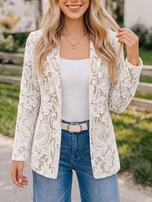 Coeurva 女款時尚通勤優雅仿蕾絲印花西裝外套 白色花卉 夏季度假 婚禮晚餐約會穿搭 - 白色 - 查看 1