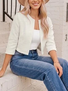 Coeurva 女士休闲时尚复古风格白色纯色前开短款七分袖夹克工作女士夹克教师服装教师夹克秋季女装商务女装 - 白色 - 查看 3