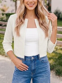 Coeurva 女士休闲时尚复古风格白色纯色前开短款七分袖夹克工作女士夹克教师服装教师夹克秋季女装商务女装 - 白色 - 查看 4